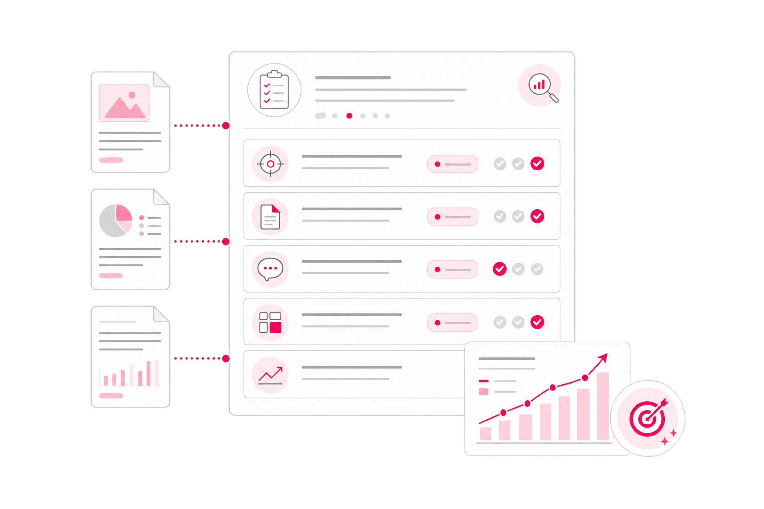営業資料を診断レポートへ変換するイメージ。PowerPoint / PDF を入力すると、5観点で改善ポイントを評価したレポートが戻る様子。